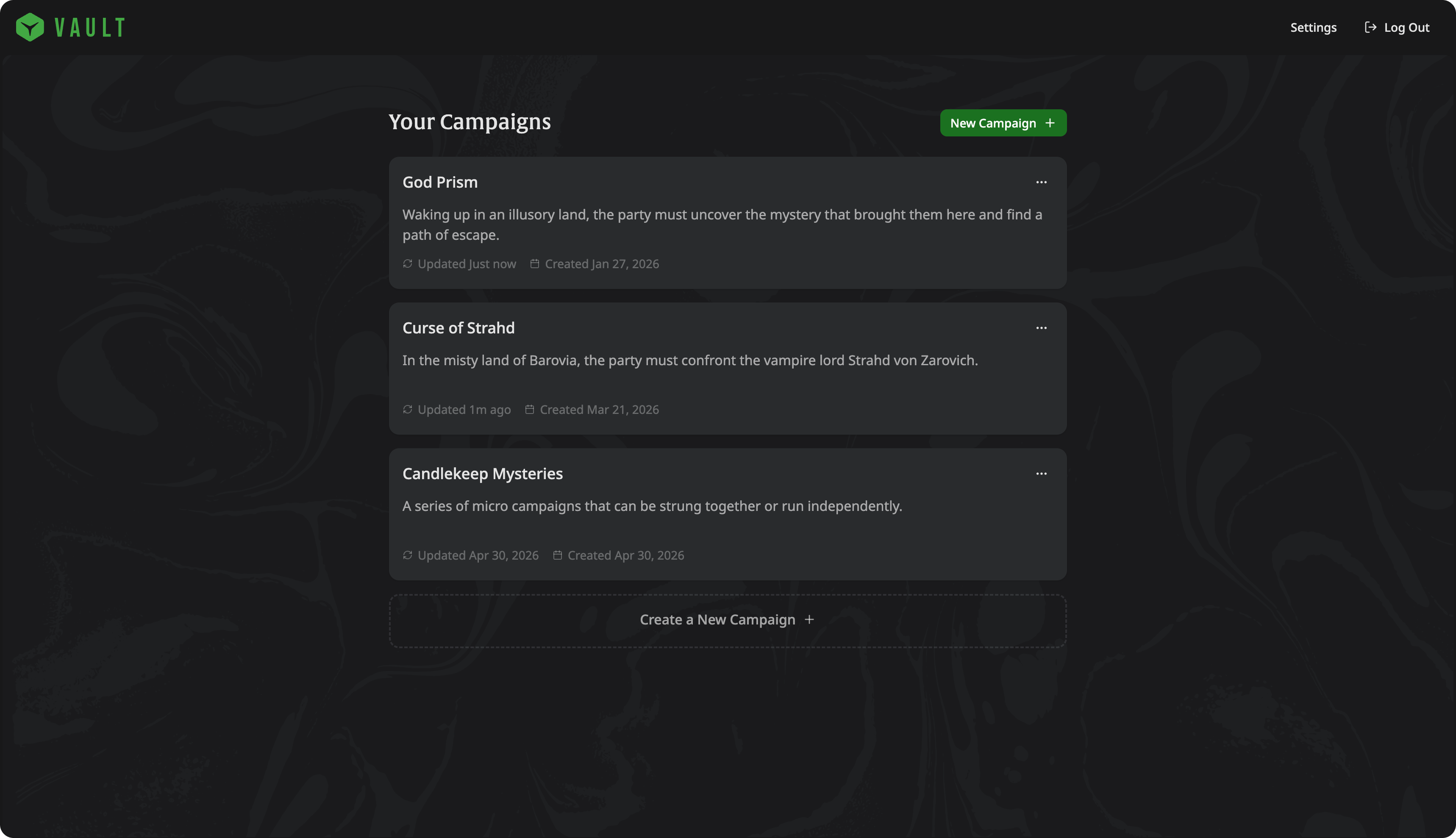 Campaigns screen in the Gelatinous Vault app
