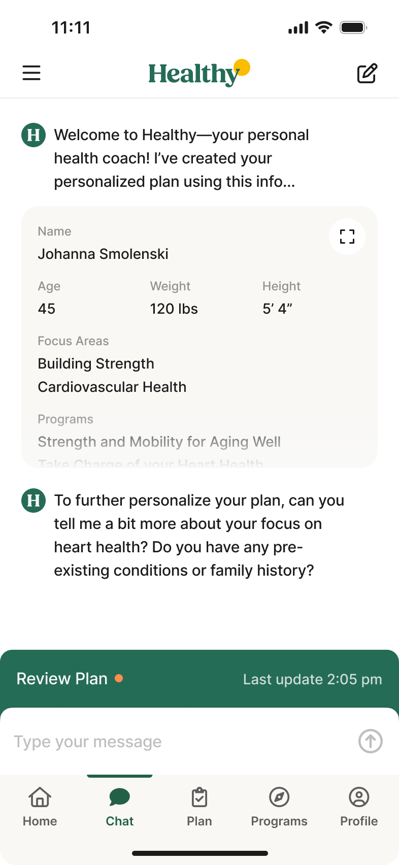 Redesigned Healthy chat experience on mobile in the new brand