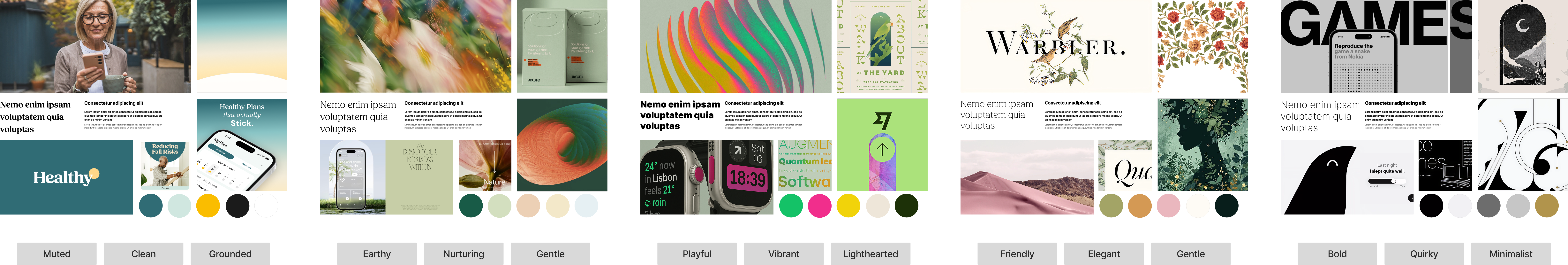 Reference moodboard of the existing brand alongside alternative directions leaning into the selected attributes