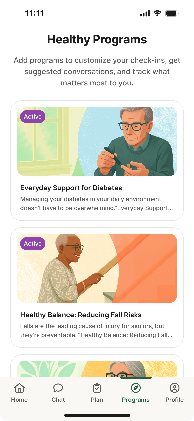 Redesigned Healthy programs screen on mobile in the new brand