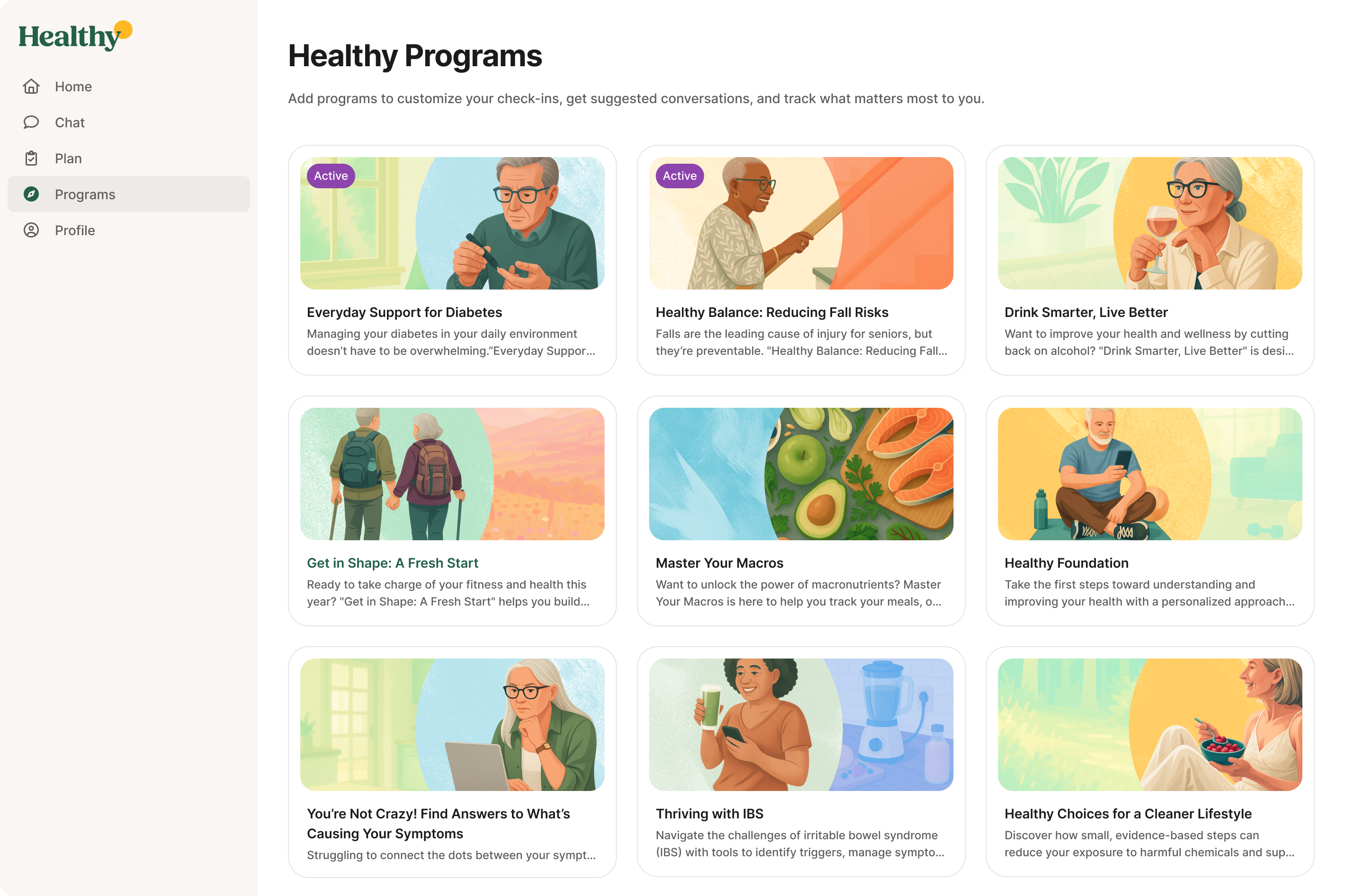 Redesigned Healthy programs page on web in the new brand
