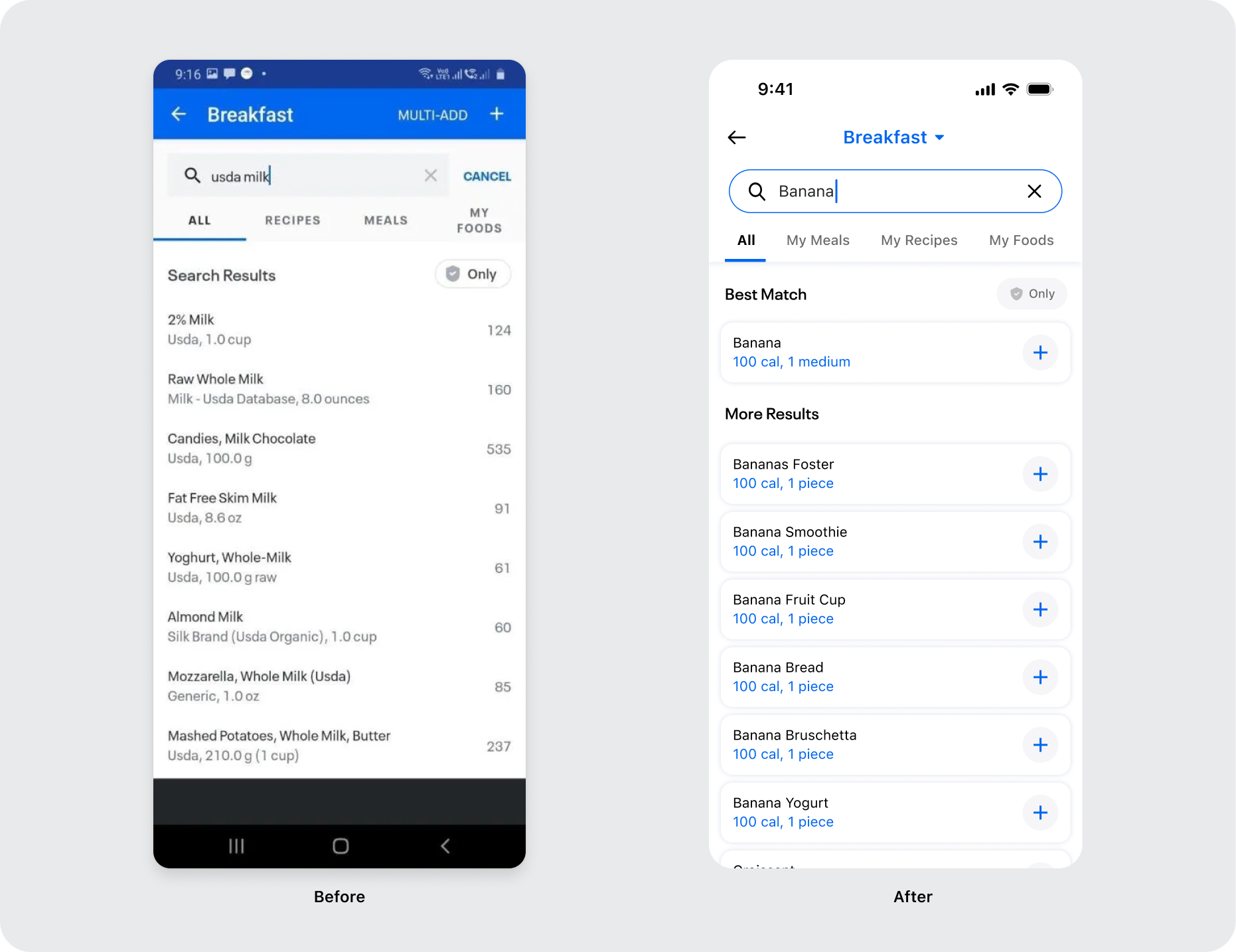 Before and after comparison of the food search results screen