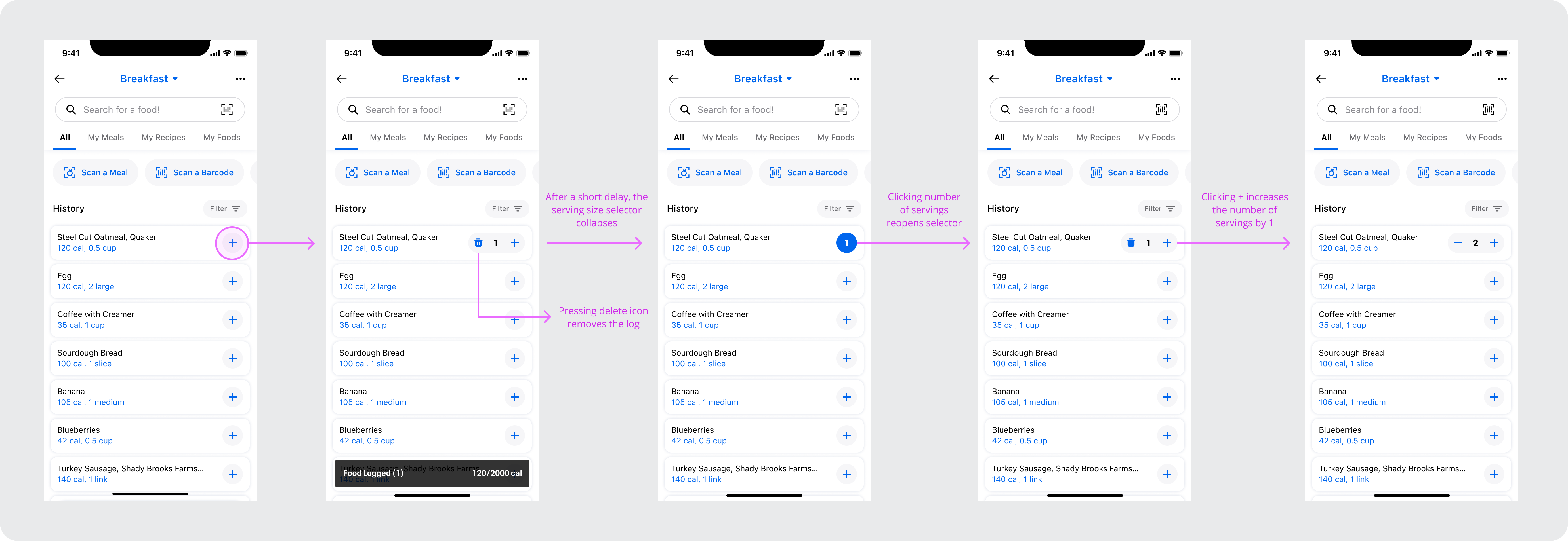 Refined Quick Log flow updated after the first round of usability testing