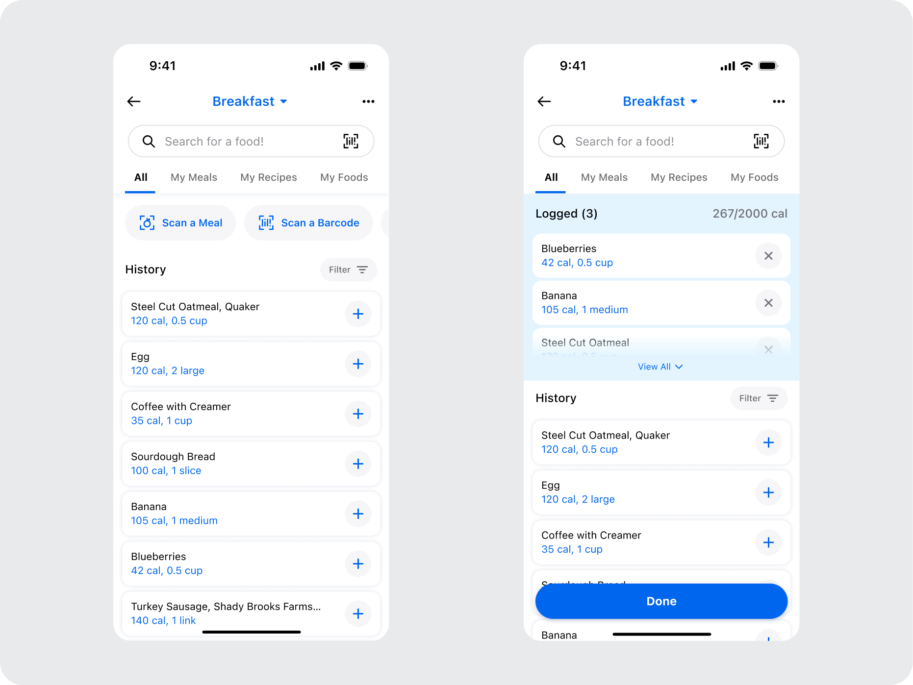 Final visual designs showing the history list and the Logged section