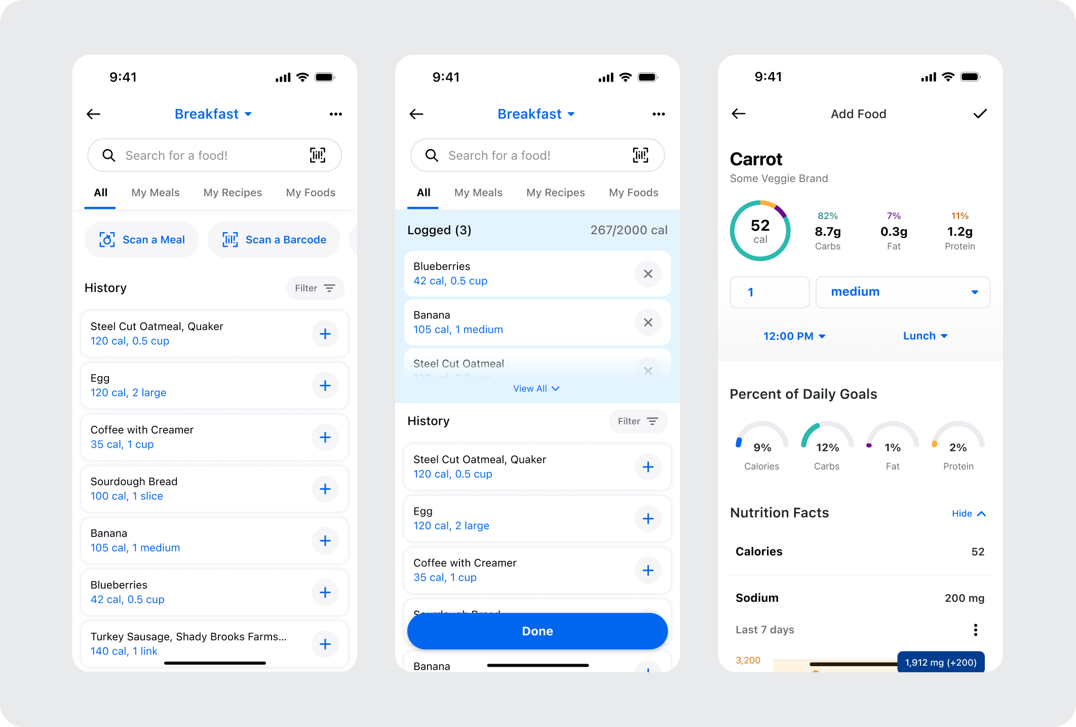 Final visual designs of the Quick Log history, Logged section, and food details screens