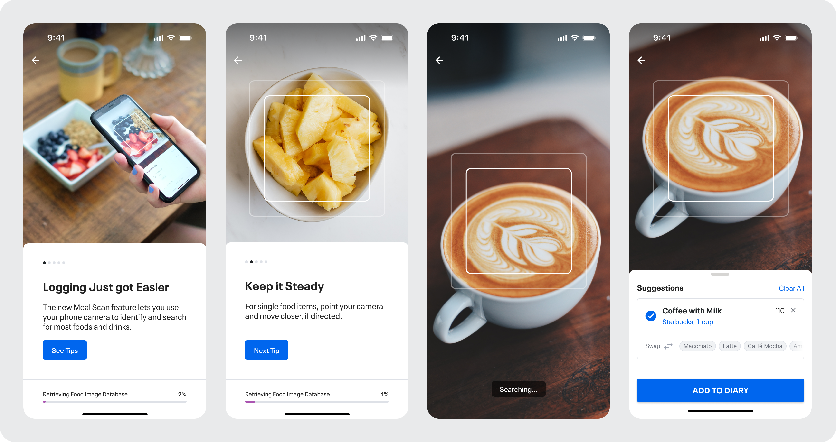 Meal Scan onboarding and camera-based food recognition screens