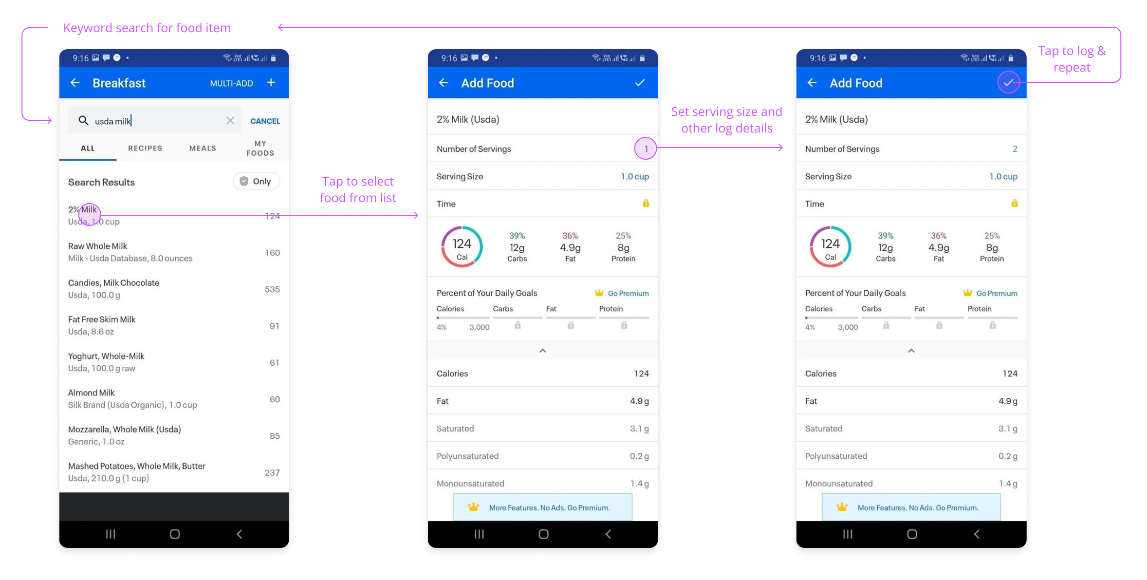 Screens from the legacy MyFitnessPal food search and logging flow