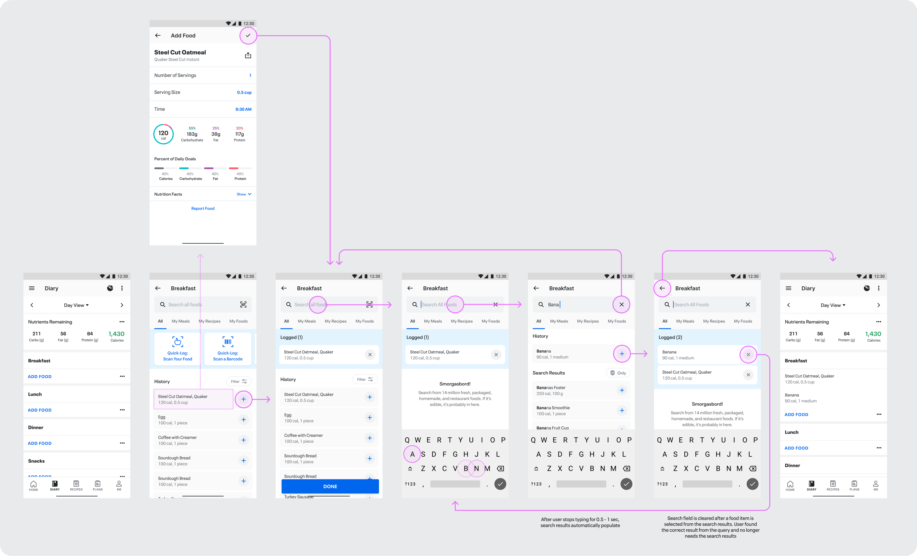 Mid-fidelity prototype flow for the Quick Log search-and-log experience