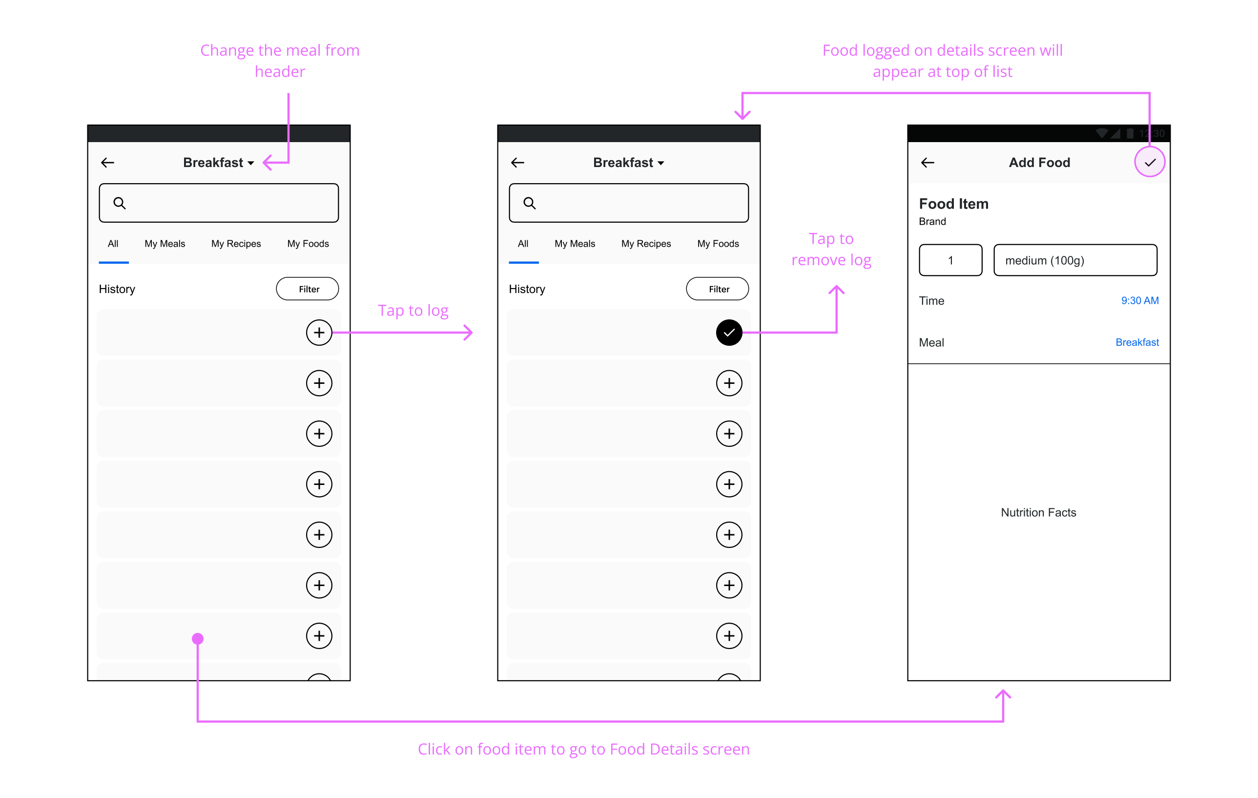 Early wireframe showing logging directly from the search and history lists