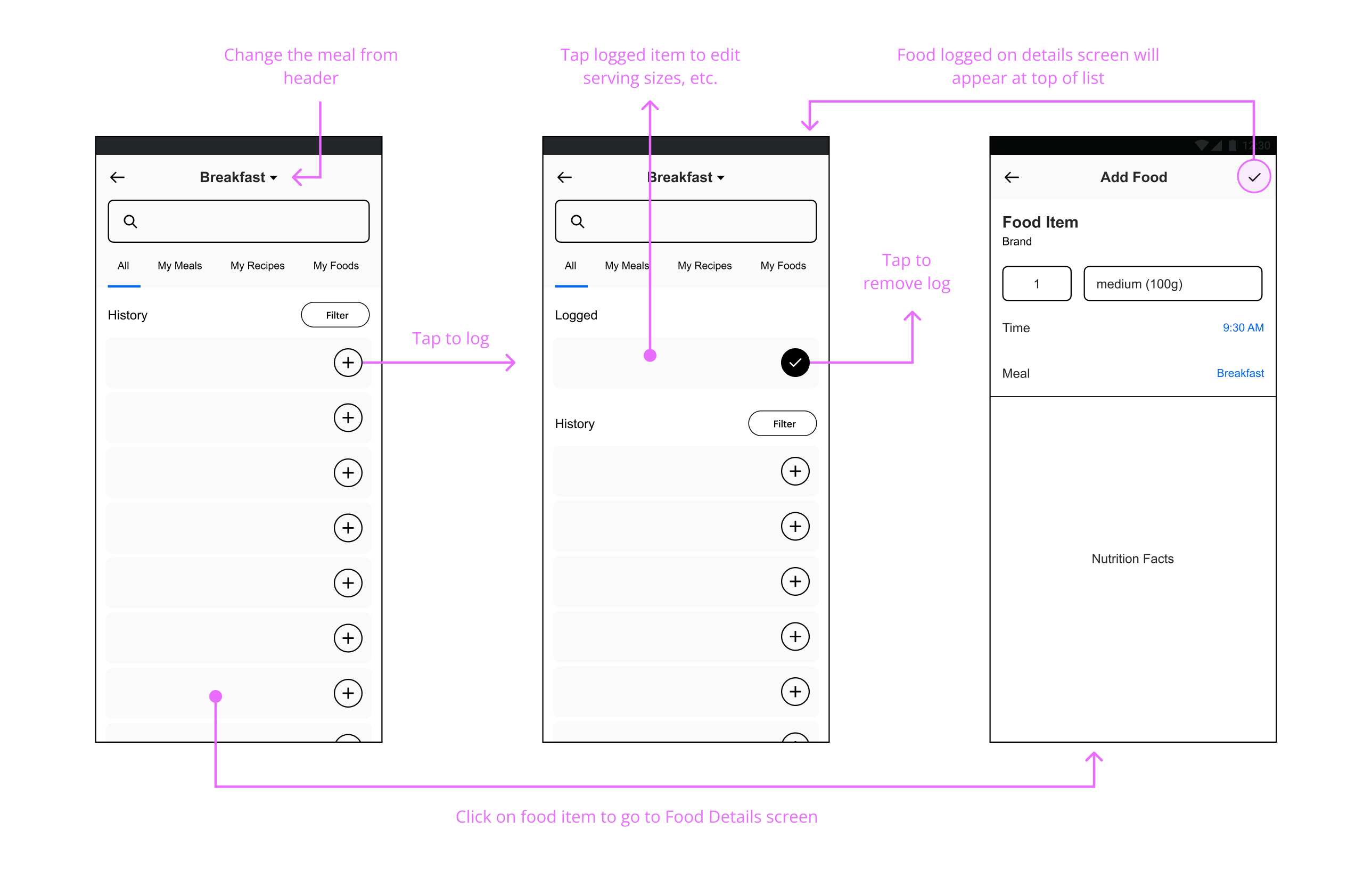 Wireframe option with a dedicated Logged section above History