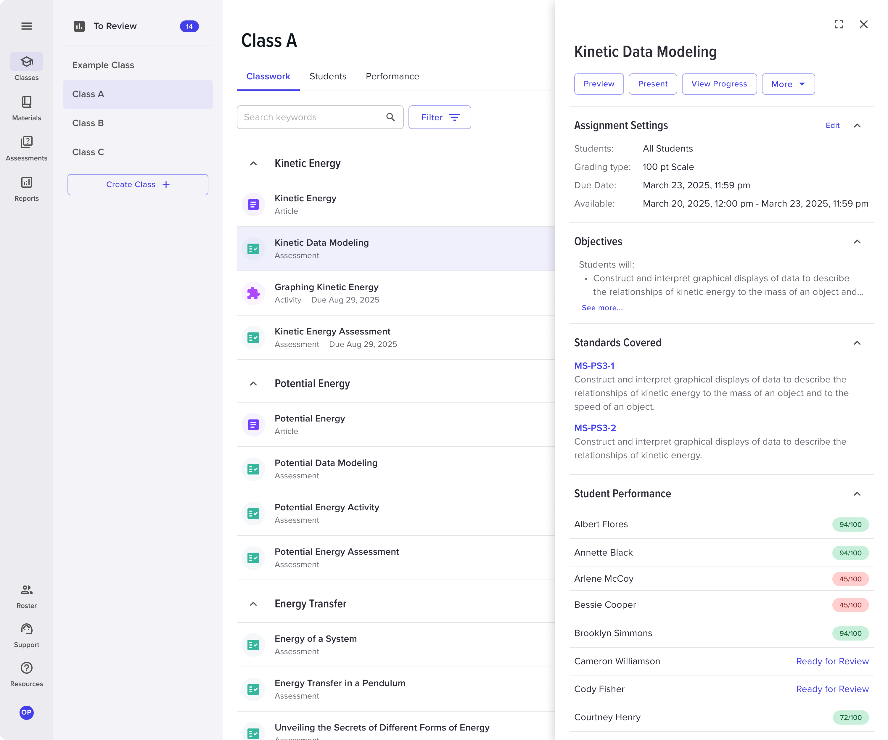 Assignment detail panel with per-student performance