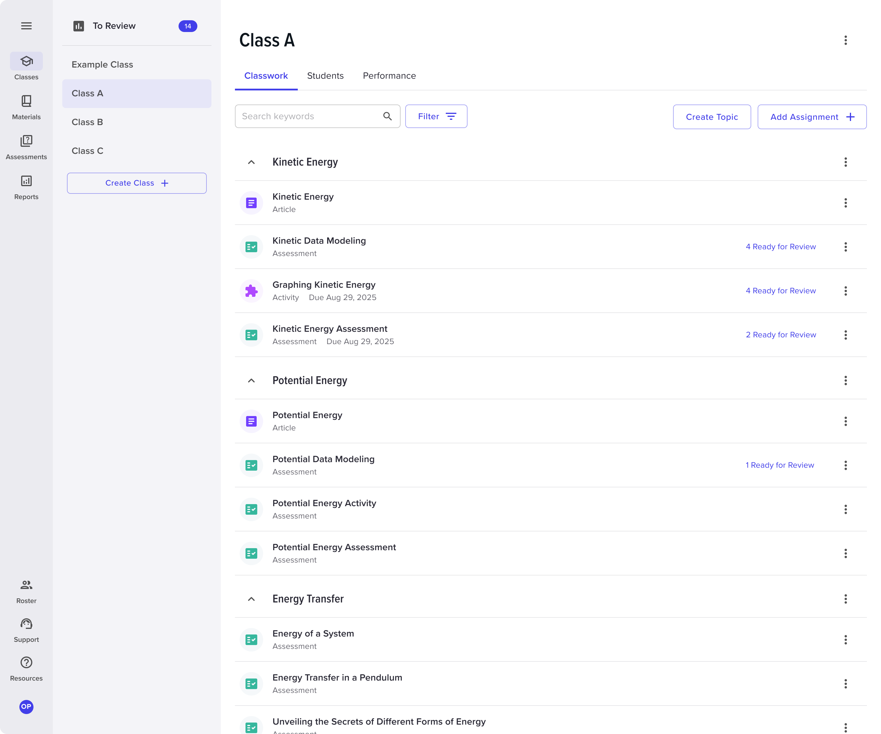 Teacher class view showing classwork organized by topic