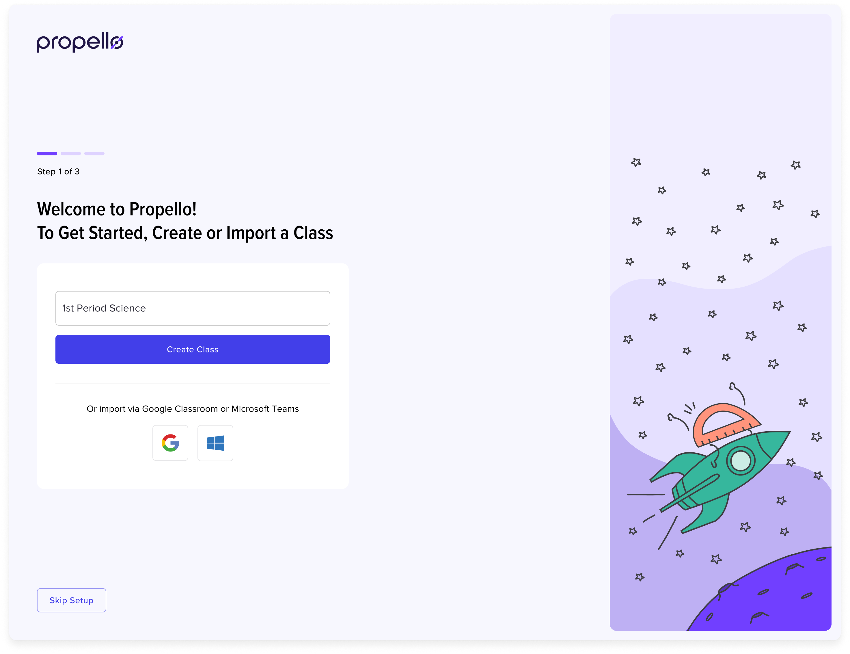 Propello onboarding: create or import a class
