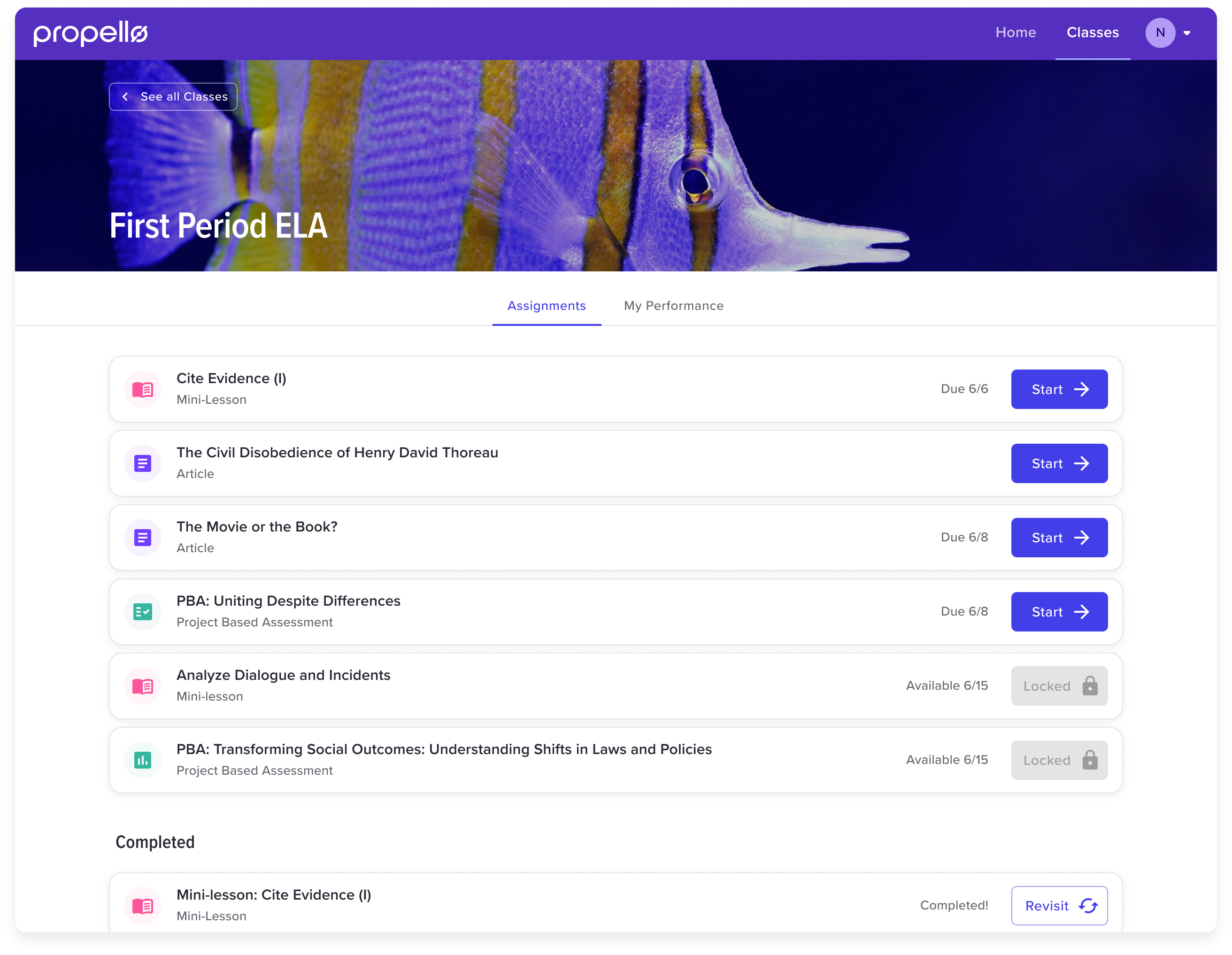 Student view of a class with assignments and progress